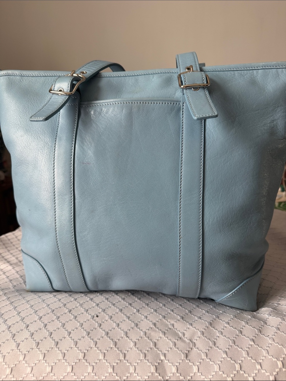 Soft Blue Leather Tote with Adjustable Straps